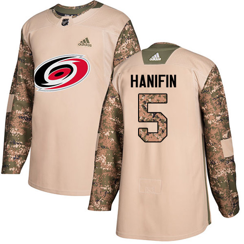 Adidas Hurricanes #5 Noah Hanifin Camo Authentic Veterans Day Stitched Youth NHL Jersey - Click Image to Close